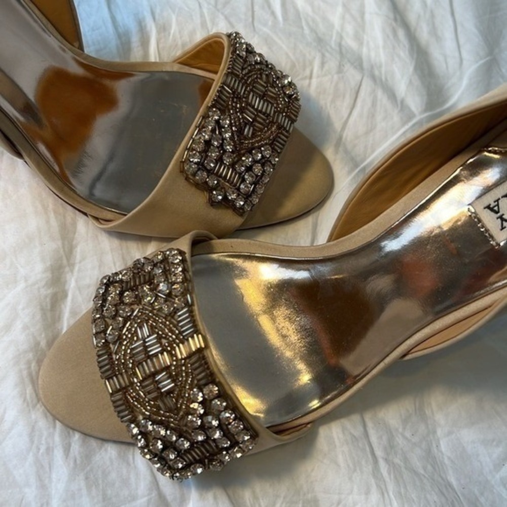 Badgley Mischka Rhinestone Silk Peeptoe Shoes Heels Open Toe Summer Blush 8.5 - Picture 8 of 16